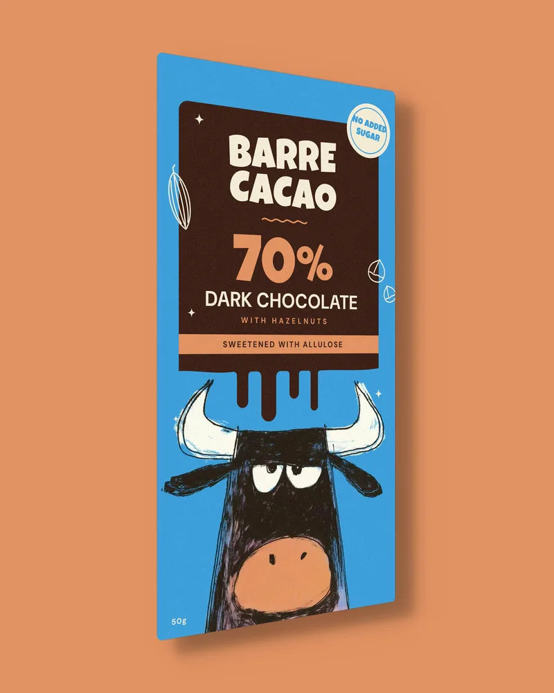 Barre Cacao 70% dark chocolate with hazelnuts, angled view of the pack