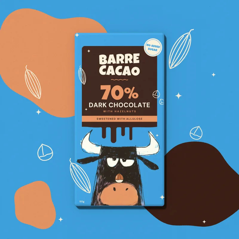 Barre Cacao 70% dark chocolate with hazelnuts on a blue background with cacao pod doodles